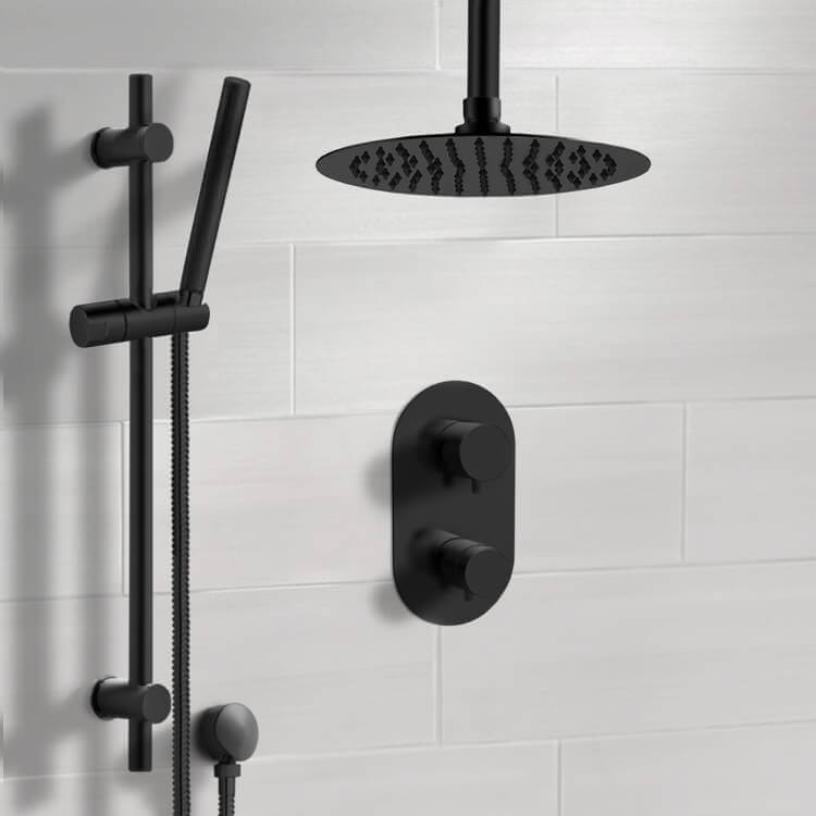 Remer SFR61-10 Matte Black Thermostatic Ceiling Shower System with 10 Inch Rain Shower Head and Hand Shower